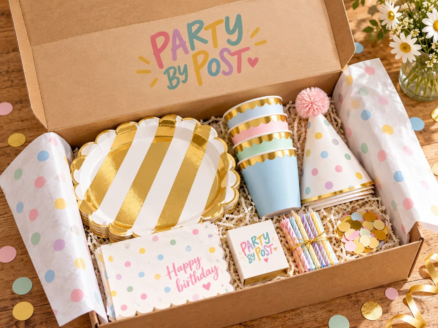 An open Party By Post Happy Birthday box